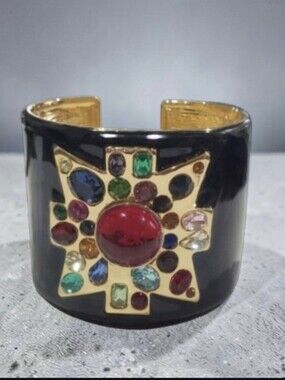 Iconic 18k Gold Plated Luxury Maltese Cross Jeweled Onyx Enamel Cuff Bracelet